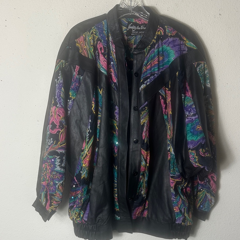 Vintage JUDITH ANN CREATION Leather And Floral Bomber Jacket S has pockets